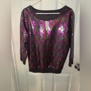 Express Sequin Sweater with Purple Argyle Pattern. NWT Size L